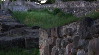Bir ortaçağ şatosunun kalıntıları, sergilenen taş temeller ve duvarlar kısmen yemyeşil ile kaplı. Sahne yumuşak akşam güneşiyle yıkanır, tarihi mimarinin altını çizer..