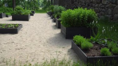 Çeşitli bitki ve otlarla dolu birden fazla yükseltilmiş yatakları olan bir halk bahçesi. Bahçe, ağaçlar ve taş duvarlarla çevrili kumlu bir alana kurulmuş, sakin ve düzenli bir ortam yaratıyor..