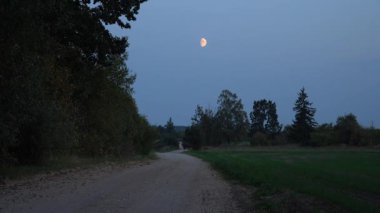 Kırsal çakıl yolu, alacakaranlıkta, ağaçlar ve açık araziler tarafından çevrelenmiş kırsal bir arazide dolaşır. Koyu mavi gökyüzü yarım aya ev sahipliği yapar. Huzurlu çevreye hafif bir parıltı yayar..