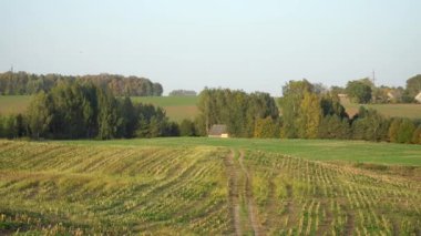 Sonbaharda kırsal bir arazinin panoramik bir görüntüsü, temiz hasat edilmiş tarlalar görünür ekin kalıntıları, küçük bir çiftlik evine giden toprak bir yol, ve yoğun, renkli bir orman arkaplanı..