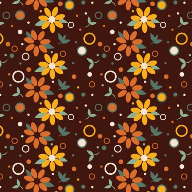 Colorful floral seamless pattern. Groovy flowers vector illustration, hippie aesthetic. Funny multicolored print for fabric, paper. Bold, funky floral illustration print in yellow, orange, beige and green on dark brown. Seventies style, summer, sprin