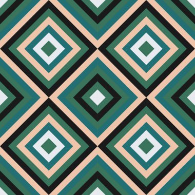 Hareket illüzyonu yapan karelerle kusursuz retro geometrik desen. Turuncu, yeşil, turkuaz, gri. Kumaş, ambalaj, vs..
