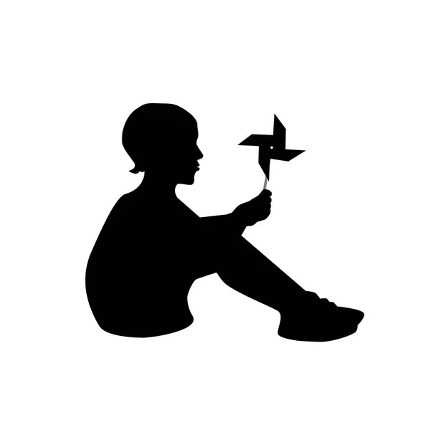 Silhouette Vectorielle Boy Avec Moulin Vent Turbine Paper Little Boy — Image vectorielle