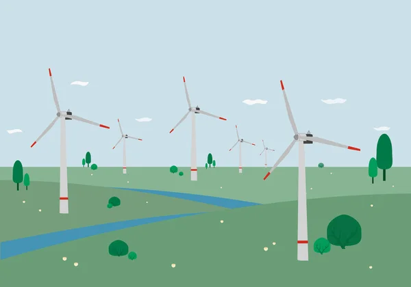 Windmolens Groene Heuvels Met Blauwe Lucht Wolken Eco Energie Natuur — Stockvector