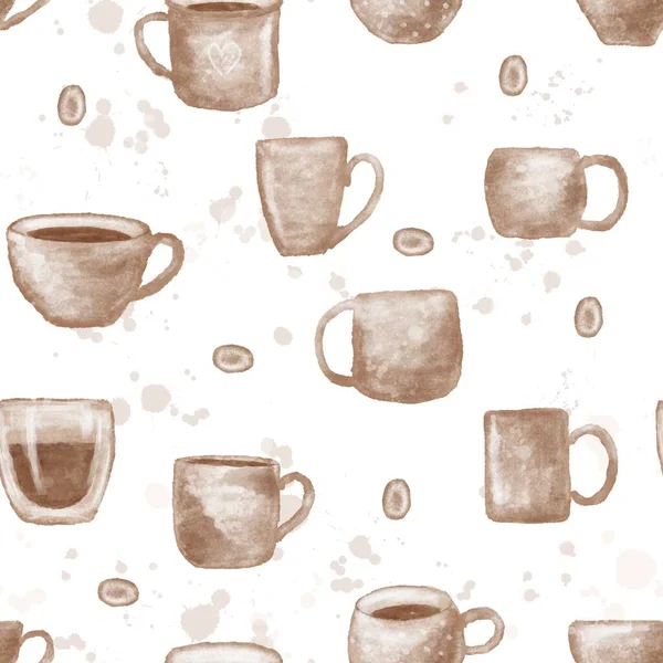 Coffee cups watercolor pattern. Coffee seamless pattern