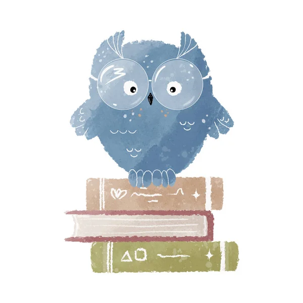 Smart baby owl watercolor illustration. Cartoon blue owl and books. Watercolor bird illustration