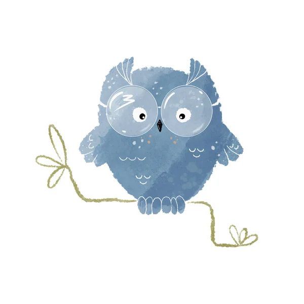 Cute baby owl watercolor illustration. Cartoon blue owl drawing. Watercolor bird illustration