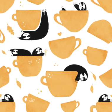 Kahve fincanları ve komik tembel hayvanlar. El çizimi sonbahar deseni