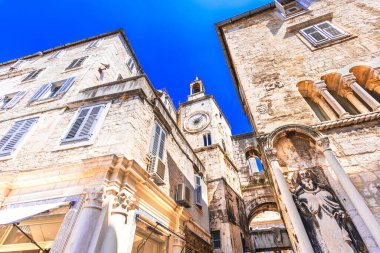 Split, Croatia: Narodni Trg or People s Square, centre of Split old town. Zeljezna Vrata or Iron Gate, Pjaca Clock Tower and Cyprian's Palace clipart