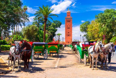 Marrakesh, Fas: Kuzey Afrika 'daki Jemaa el-Fnaa' nın Medine semtindeki Koutoubia Camii minaresinin önündeki at arabasının güzel manzarası