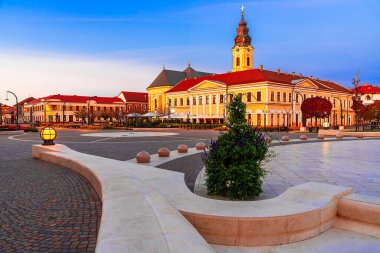 Oradea, Romanya: Kovats Evi ve St. Nicholas Katolik Kilisesi ile alacakaranlıkta Birlik Meydanı, Avrupa