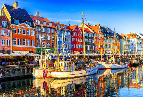 Copenhagen, Denmark: Old Nyhavn harbour with ships and colorful buildings, Old Town, Europe travel destination