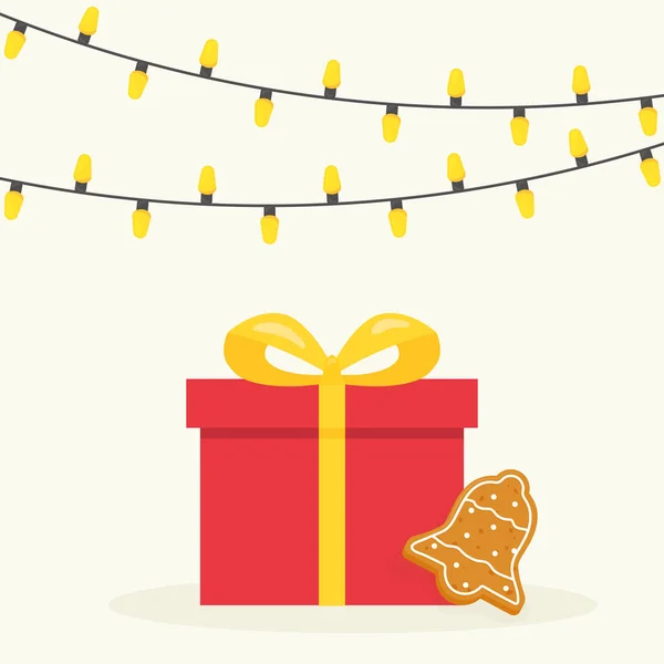 Cadeau Noël Avec Biscuit Pain Épice Lumières Illustration Vectorielle — Image vectorielle
