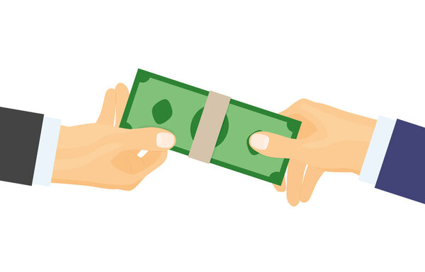 бизнесмен дает деньги другому бизнесмену; выплата, зарплата, взятка, кредит, сделка, контракт, дивиденд, банковская концепция - векторная иллюстрация