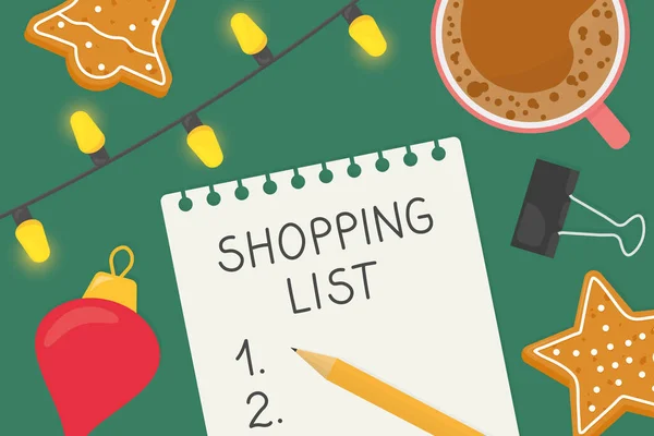 Lista Compras Natal Escrito Uma Folha Papel Com Café Luzes — Vetor de Stock