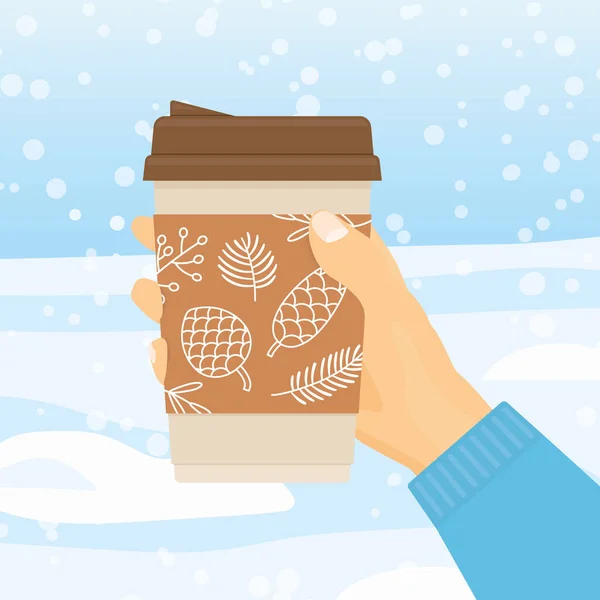 Hand Hält Winter Weihnachten Zum Mitnehmen Kaffee Schokolade Tee Vektorillustration — Stockvektor