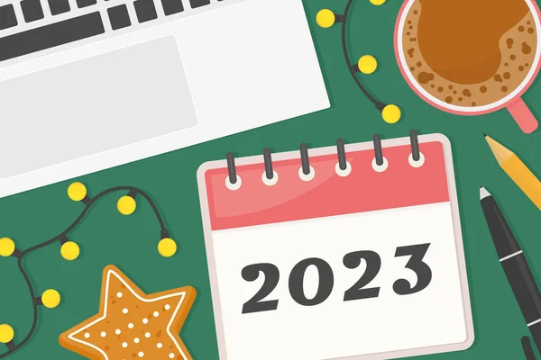 2023 Kalendář Stole Notebookem Vánoční Osvětlení Šálek Kávy Tužka Pero — Stockový vektor