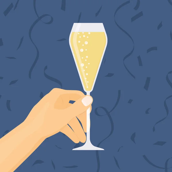 Mano Tiene Bicchiere Champagne Applausi Festa Celebrazione Del Capodanno Illustrazione — Vettoriale Stock