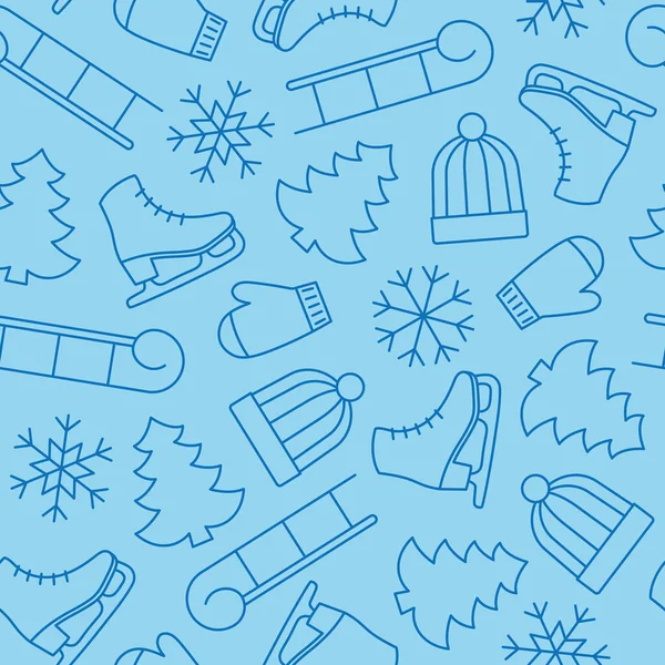 雪の結晶 アイススケート モミの小枝 帽子と手袋とクリスマス 冬のシームレスなパターン ベクトル図 — ストックベクタ