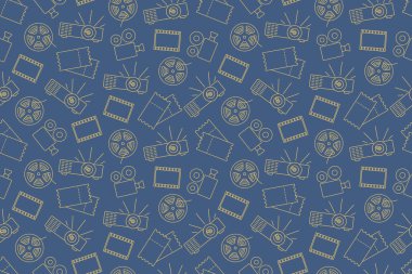 Kamera, film makarası ve çerçeve, projektör, sinema biletleri - vektör illüstrasyonu