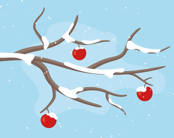 冬の風景雪に覆われたリンゴの裸の枝 ベクトル図 — ストックベクタ