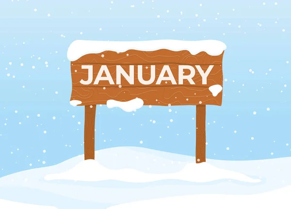Januari Geschreven Houten Bord Snowdrift Vector Illustratie — Stockvector