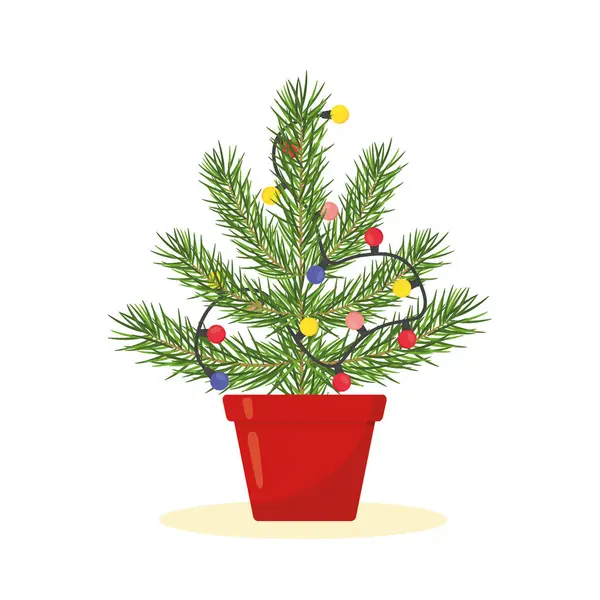 Árbol Navidad Una Olla Con Luces Brillantes Vector Ilustración — Archivo Imágenes Vectoriales