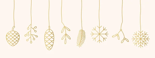 クリスマスをぶら下げ 冬の黄金の装飾 コーン モミの木 ミステリーと雪のフレーク ベクターイラスト比率 — ストックベクタ