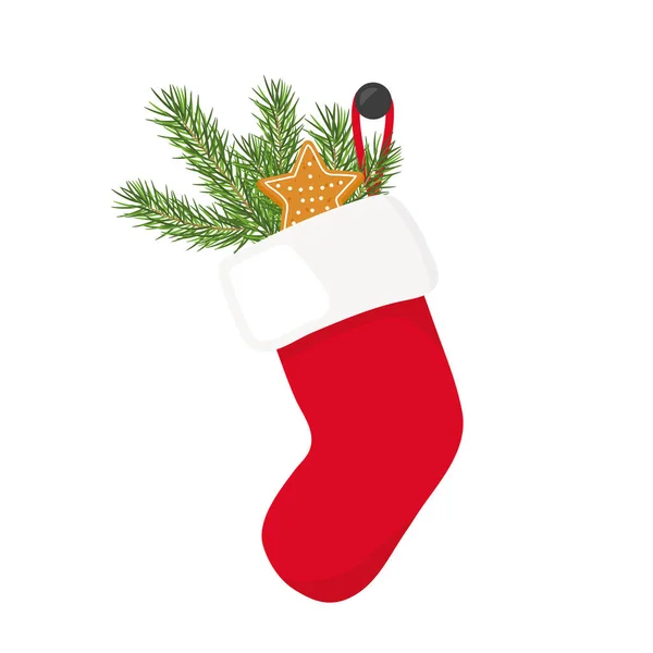 Noel Çorabında Köknar Ağacı Dalları Zencefilli Kurabiye Asılıydı — Stok Vektör