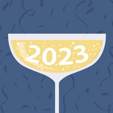 2023 yılına şampanya kadehi, parti, yeni yıl arifesi illüstrasyonları.