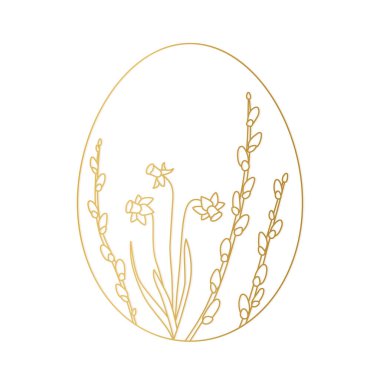 golden easter egg decorated with willow catkins branches and daffodil flower- vector illustration