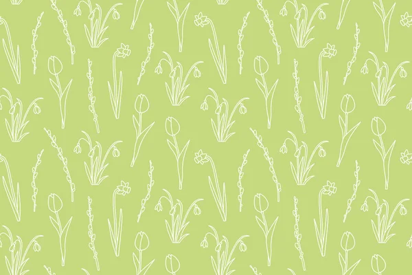 green spring, Easter seamless pattern with daffodils, snowdrops, willow catkins branches and tulips - vector illustration