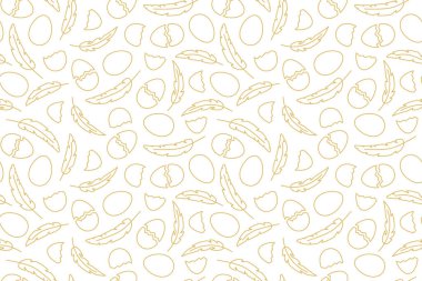 golden seamless pattern with eggs, egg shells and feathers; Easter background- vector illustration