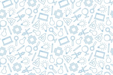 science seamless pattern with microscope, magnifier, pencil, pen, test tube, microprocesor, bulb, compass, globe icons - vector illustration