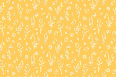 yellow spring, Easter seamless pattern with daffodils, snowdrops, tulips - vector illustration