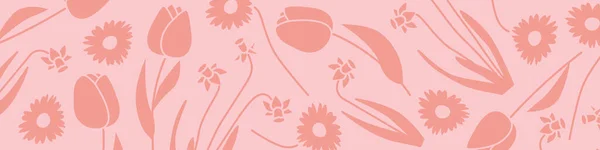pink banner with spring flowers: tulips, daisies and daffodils - vector illustration
