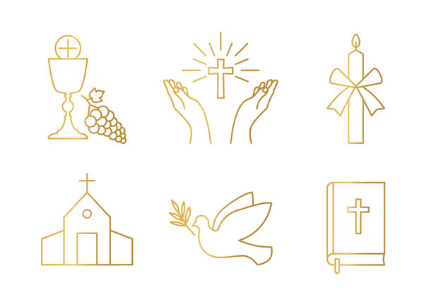 golden christianity icon set; holy communion, chalice and grapes, praying hands, candle, church, dove with olive twig and bible - vector illustration
