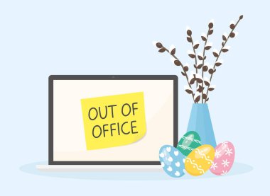 auto responder out of office written on a laptop screen; spring, easter vacation concept - vector illustration