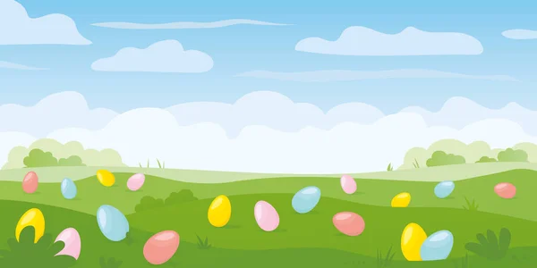 Весенний Луговой Пейзаж Красочными Пасхальными Яйцами Традиция Охоты Яйцами Векторная — стоковый вектор