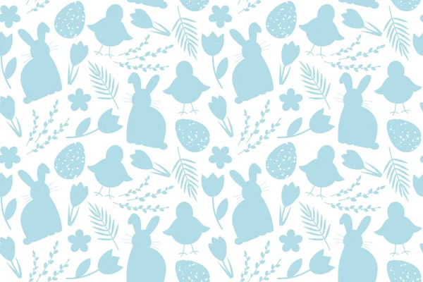 Motif Sans Couture Pâques Avec Lapins Poulets Éléments Floraux Illustration — Image vectorielle