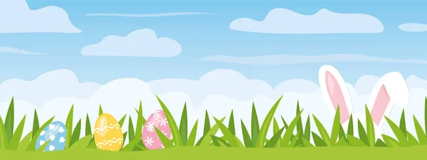 Easter Banner Rabbit Ears Eggs Green Grass Vector Illustration — Stock Vector