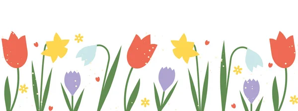带郁金香 番红花 雪花和水仙花的春旗 矢量插图 — 图库矢量图片