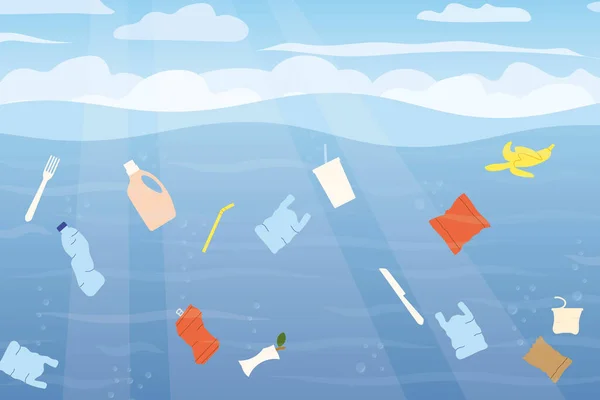 Déchets Flottants Dans Océan Pollué Sauver Environnement Concept Des Océans — Image vectorielle