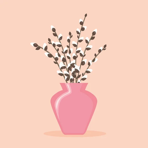 Bunch Spring Easter Pussy Willow Branches Vase Vector Illustration — Image vectorielle