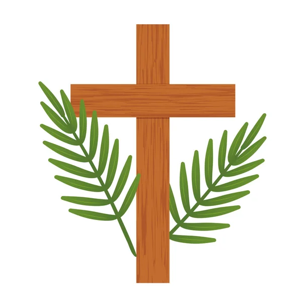 ヤシの葉と木製の十字架 イースター パームサンデーのシンボル ベクトル図 — ストックベクタ