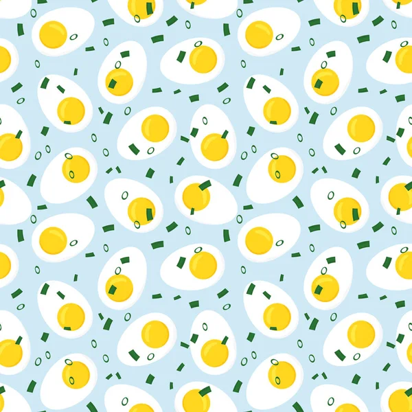 Seamless Pattern Halved Boiled Eggs Chives Vector Illustration — Stock Vector