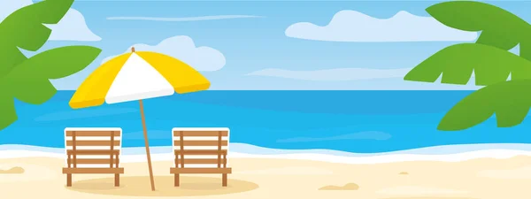 Bandeira Verão Com Espreguiçadeiras Guarda Chuva Folhas Palma Praia Tropical —  Vetores de Stock