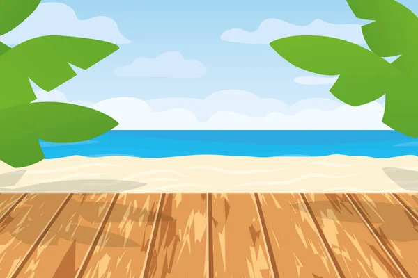 Тропічний Пляж Долонями Дерев Яною Палубою Концепція Подорожей Літніх Канікул — стоковий вектор