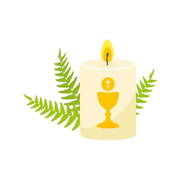 First Holy Communion Baptismal Candle Fern Leaves Vector Illustration — Stock Vector