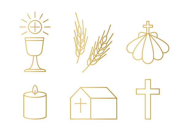 golden christianity, holy communion icon set; chalice, ears of wheat, baptismal shell, candle, church and cross - vector illustration
